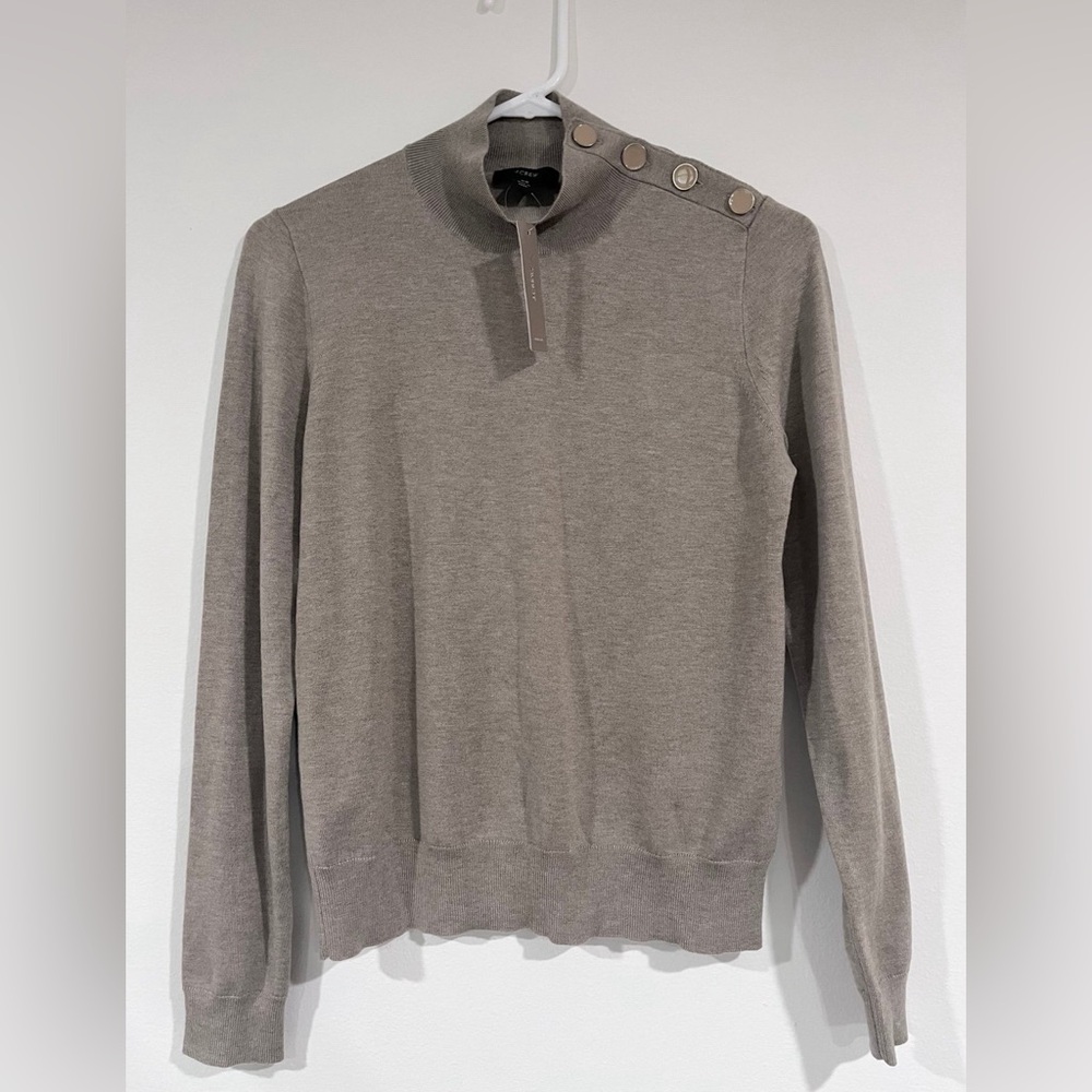 J. Crew Women's Silk Blend Tan Turtleneck Sweater with Button Detail NWT